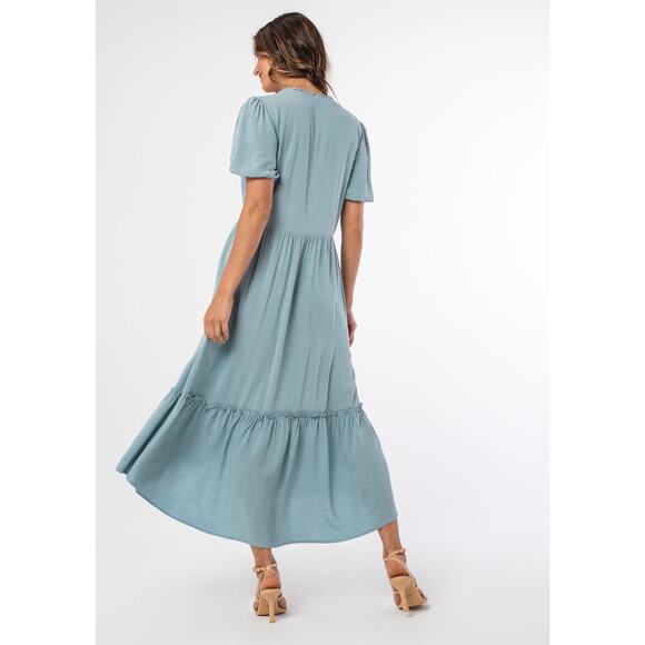 Lovestitch Dress Button Front Midi Blue Boho Linen Blend Puff Sleeves Sz Large - Picture 5 of 12